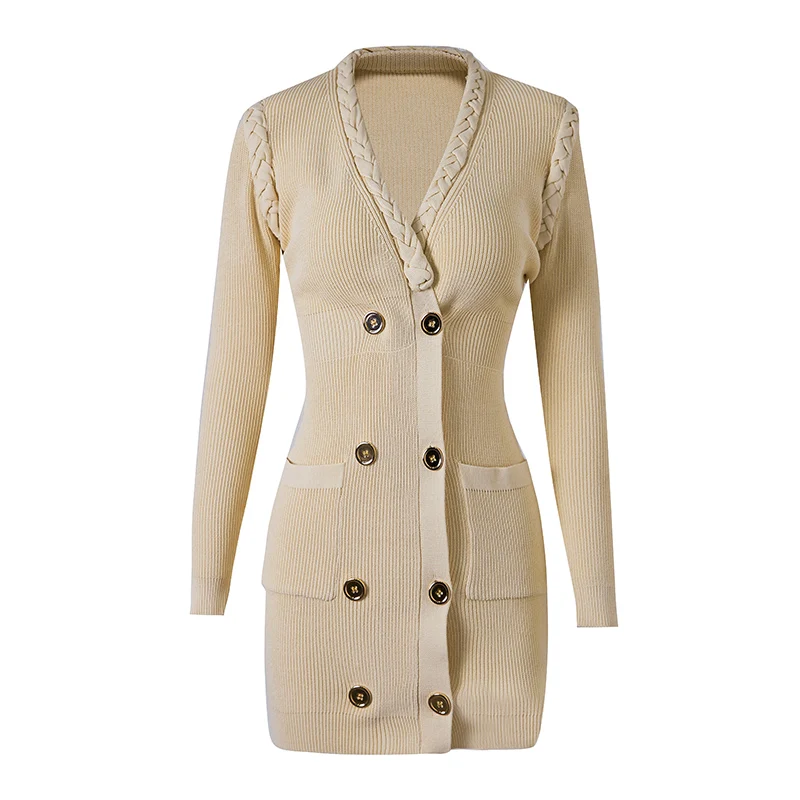 Women Mini Knit Dress with Handmade Braid Collar Luxurious Style Beige Color Brief Sheath European Lady