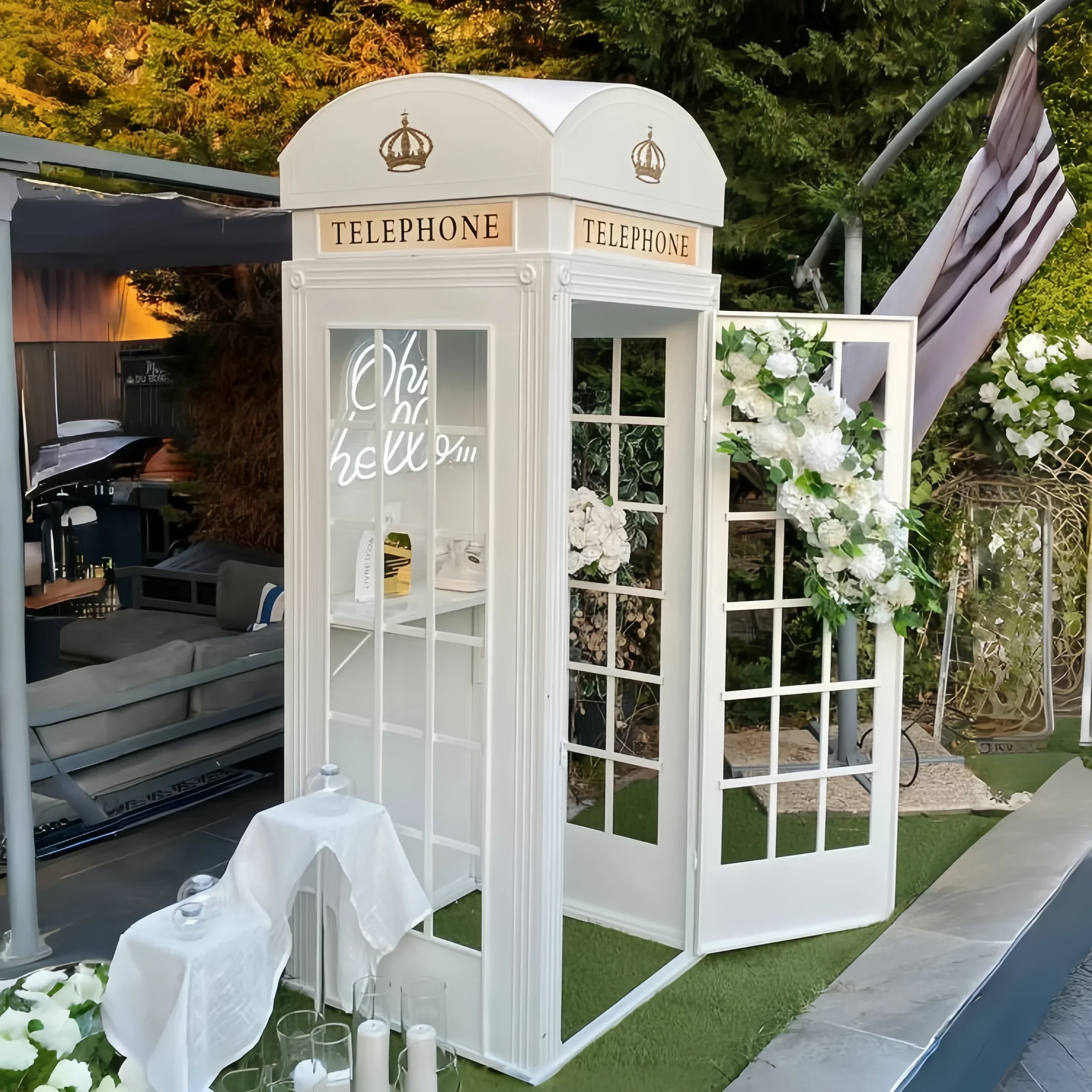 

Photo Booth Flowers Wedding Backdrop with Audio Guestbook London Wedding Telephone Booth