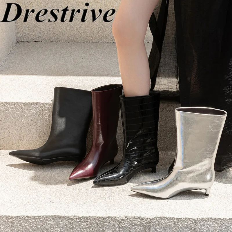 

Drestrive 2024 Fashion Women's Mid Calf Boots Pointed Toe Cow Split Leather Winter Shoes Handmade Low Heels Top Quality