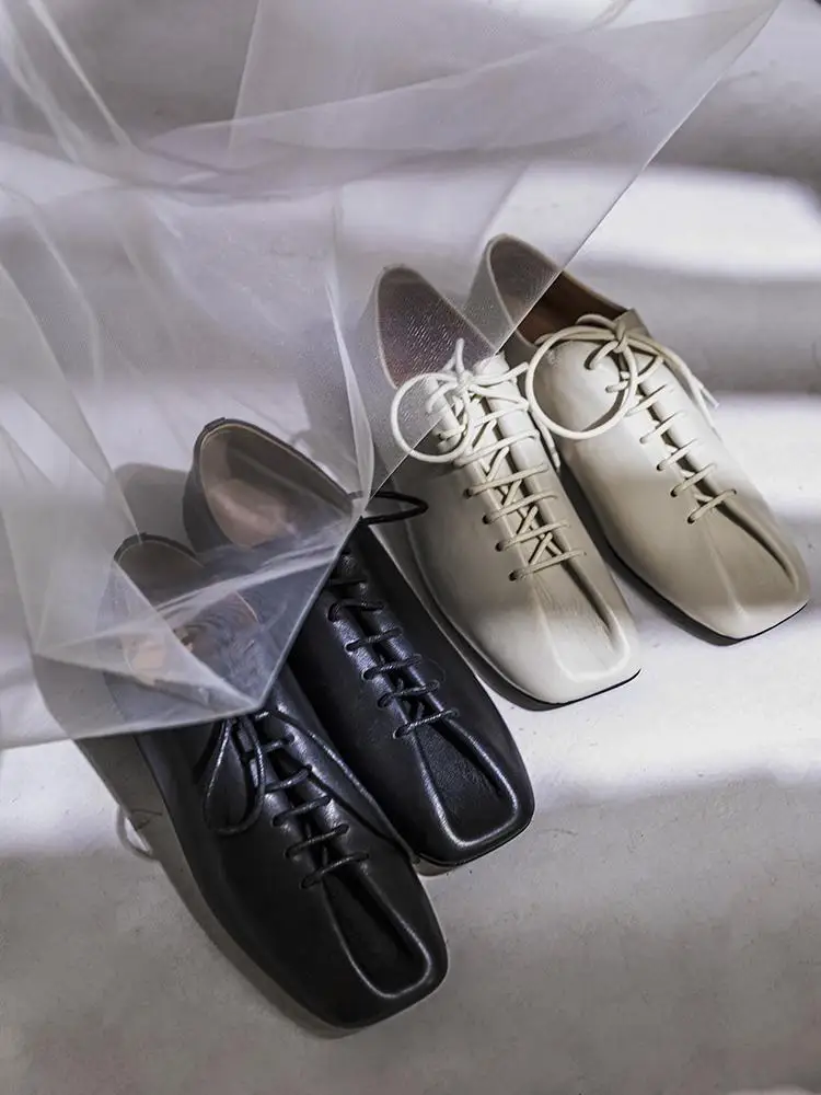 

Handmade Women's Shoes Low Heel Soft Bottom Leather Slip-On Cross Buckle Korean Style Daily Wear Sheepskin Flats