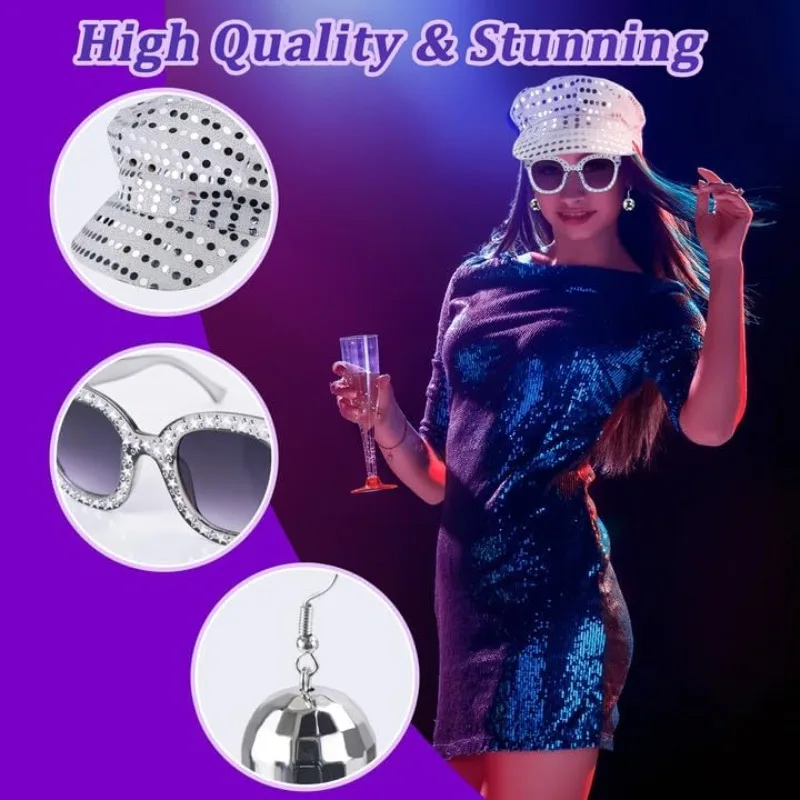 Ensemble d'accessoires de Costume Disco des années 70 pour femmes, boucles d'oreilles Disco des années 80, chapeau à paillettes, lunettes de soleil, accessoires de spectacle sur scène, fête d'halloween, 3 pièces