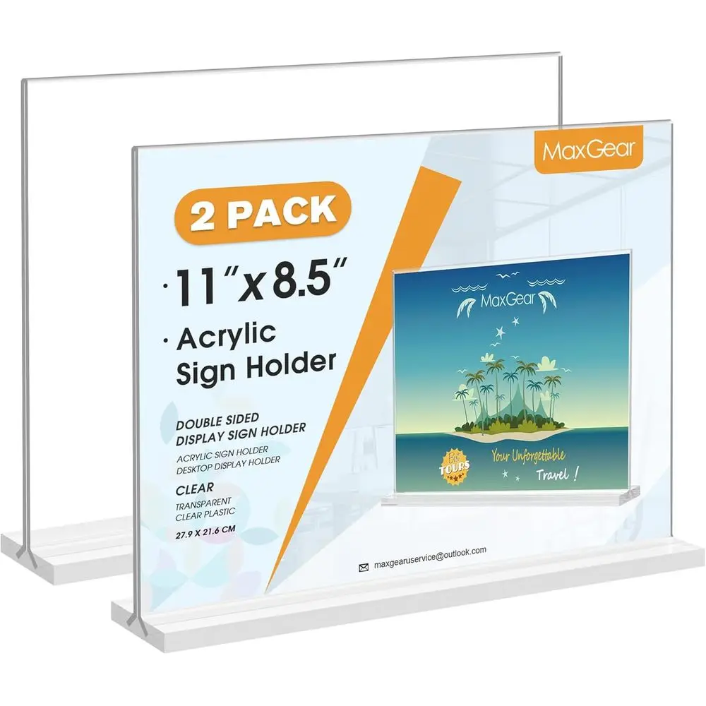Acrylic Sign Holder Horizontal Double Sided Display Stand 2 Pack | Clear Acrylic, Double Sided Display, Bottom Loading, 11x8.5 I