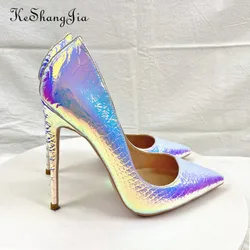 Keshangjia Shiny White Crocodile Effect Women Pointy Toe High Heel Shoes 8cm 10cm 12cm Sexy Stiletto Pumps for Wedding Party