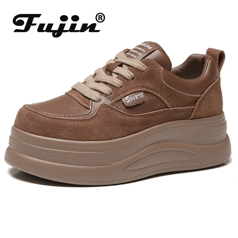 fujin 6cm Genuine Leather Women Chunky Sneakers Loafer Platform Wedge High Brand Flats Spring Autumn Vulcanize Shoes