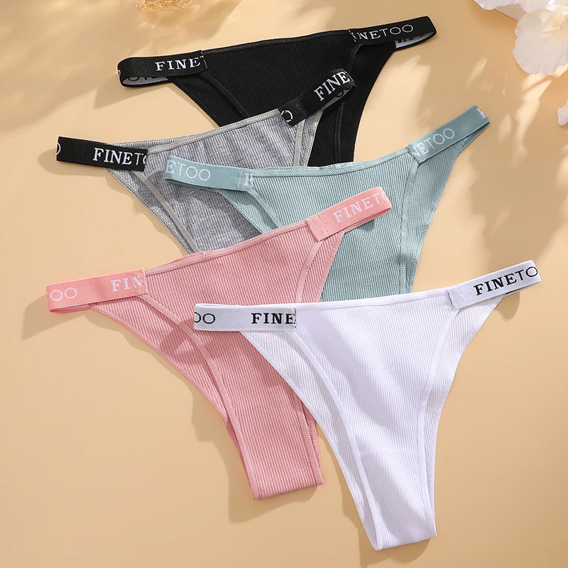 FINETOO 6Pcs Cotton Striped Underwear Women Letter Belt Panties Sexy Low-Waist Solid Bikini Female Breathable Briefs Lingerie