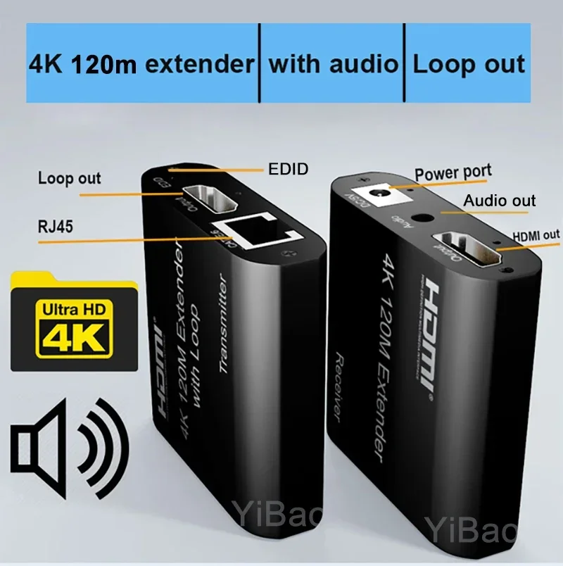 120M 4K HDMI Extender with Loop Over CAT5e Cat6 RJ45 Cable HDMI To Rj45 Extender 1080p 60m Audio EDID for PS4 PC Laptop To TV