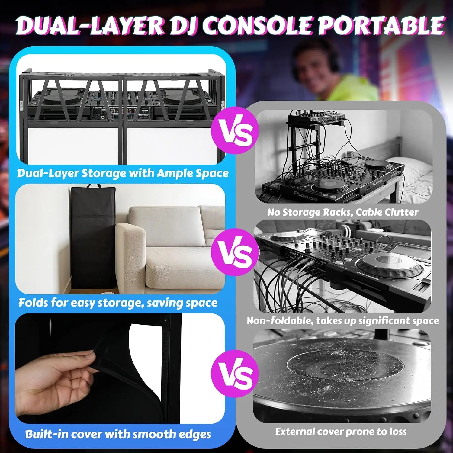 Portable Two Tier DJ Booth Table 42L 20W Dual Layer Heavy Duty Stand White Black Scrim Adjustable Facade Ideal Parties Stage Wed