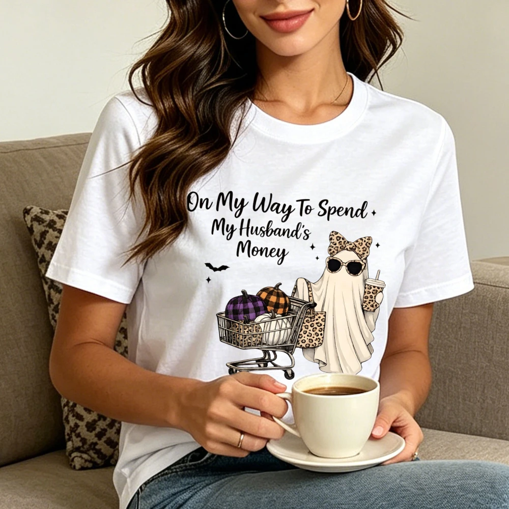 On My Way To Spend My Husband's Money T-Shirt Halloween Ghost Women Shirt Leopard Ghost Tee Ghost Coffee Shirt Funny Fall Tops