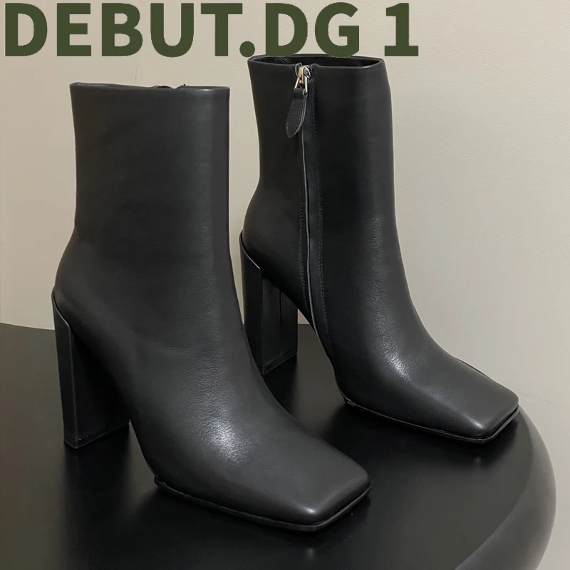 F/W 2025 Square Toe Chunky Heel Ankle Boots Side Zipper Calfskin Leather Upper Genuine Leather Sole Minimalist Booties