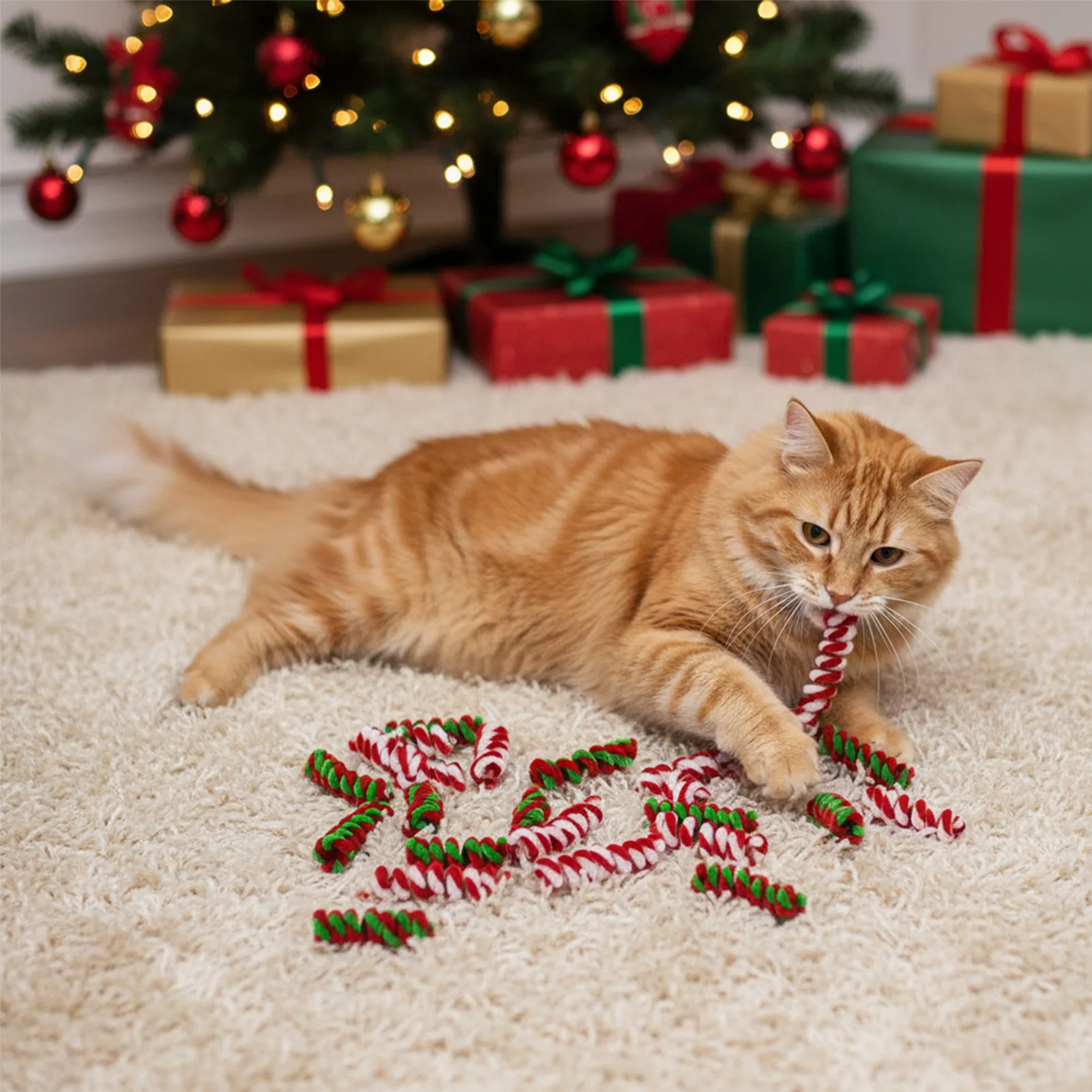 

10pcs Cat Spring Toys Christmas Element Red Green Color Mini Cat Teaser Stick Plush Spring Bite Stick 2025 Cat's Christmas Gifts