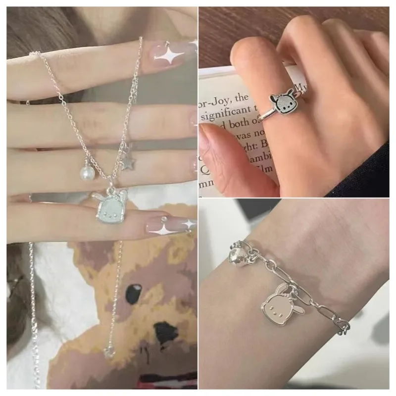 

Sanrio Pochacco Jewelry Anime Figure Cartoon Alloyed Bracelets Ring Necklace Anime Merchandise Decoration Children Birthday Gift