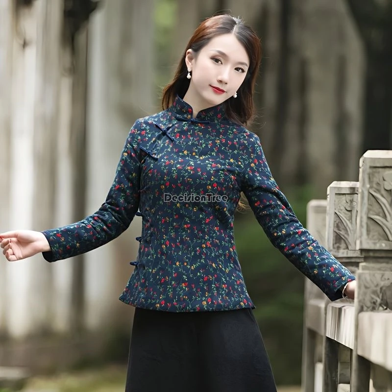 بلوزة تانغ مطبوعة من القطن على الطراز الوطني الصيني لعام 2025 سترة نسائية فضفاضة بأكمام طويلة مبطنة بالقطن شيونغسام