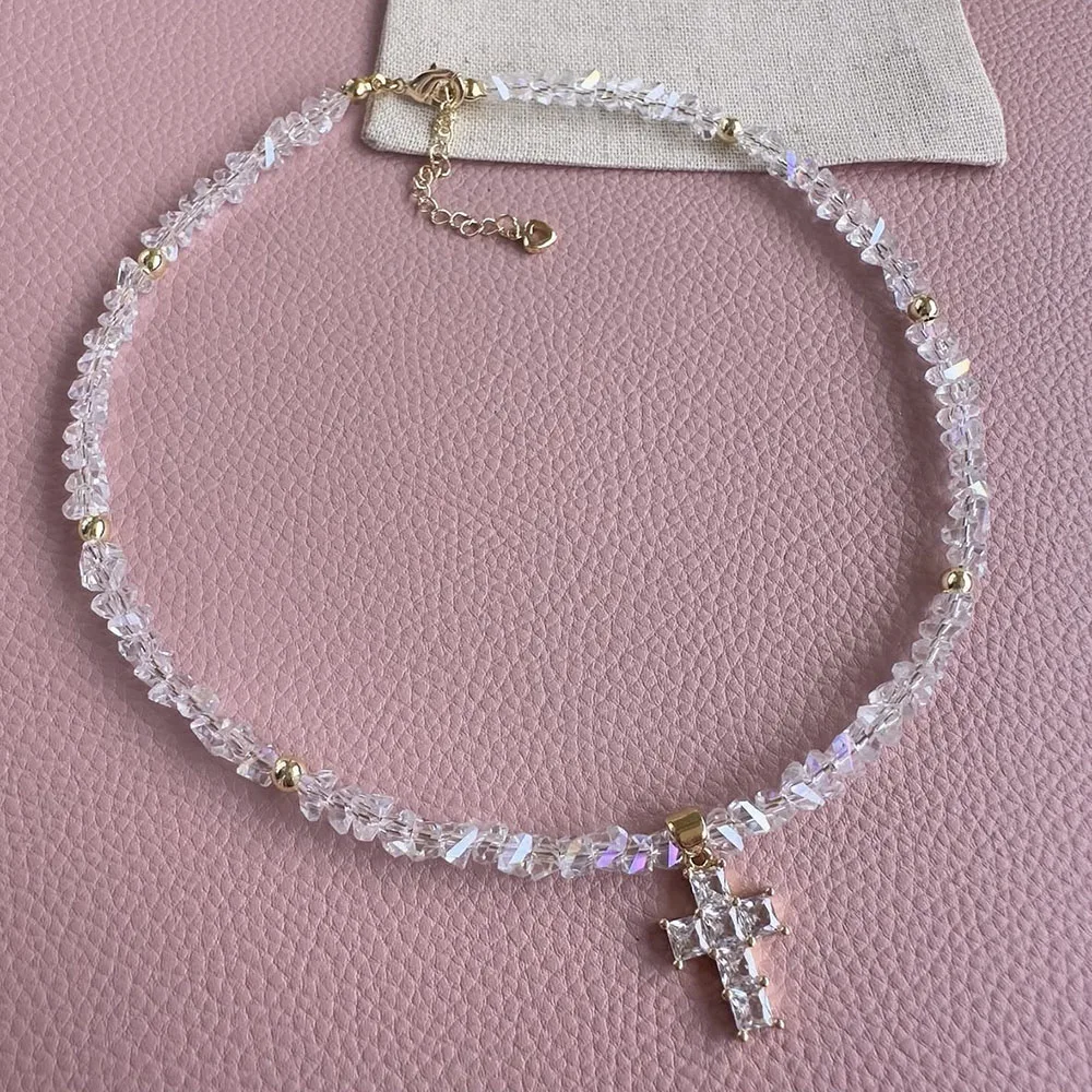 Fashion Vintage Sexy Zircon Heart Pendant Necklace For Women Boho Geometric Transparent Crystal Imitation Pearl Chain Jewelry