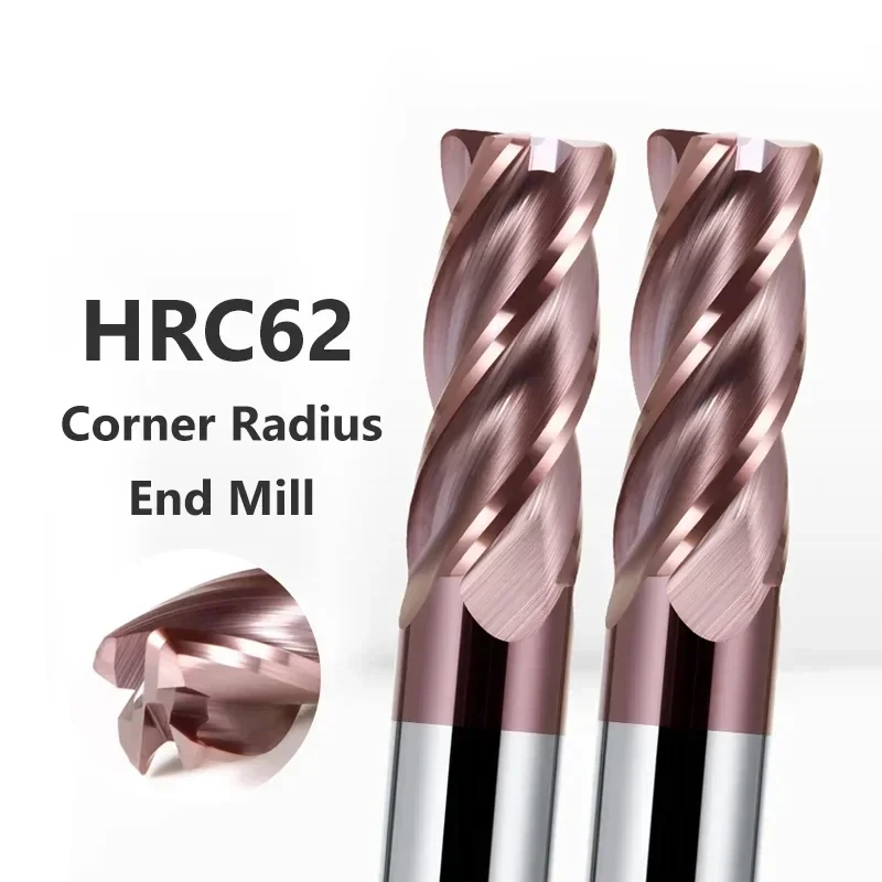 HRC62 Corner Radius End Mill CNC R Bull Nose Milling Cutter Metal Router Tungsten Carbide Steel Tool R0.5 R1 4Flutes CNC Tools