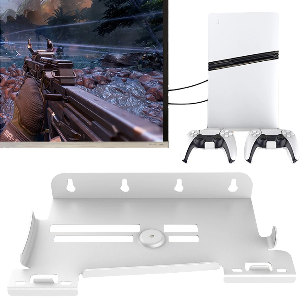 For PS5 Pro/PS5 Slim Wall Mount Console Dock Bracket with Controller Hook Hanging Wall Holder Space Saver Handle Storage Rack