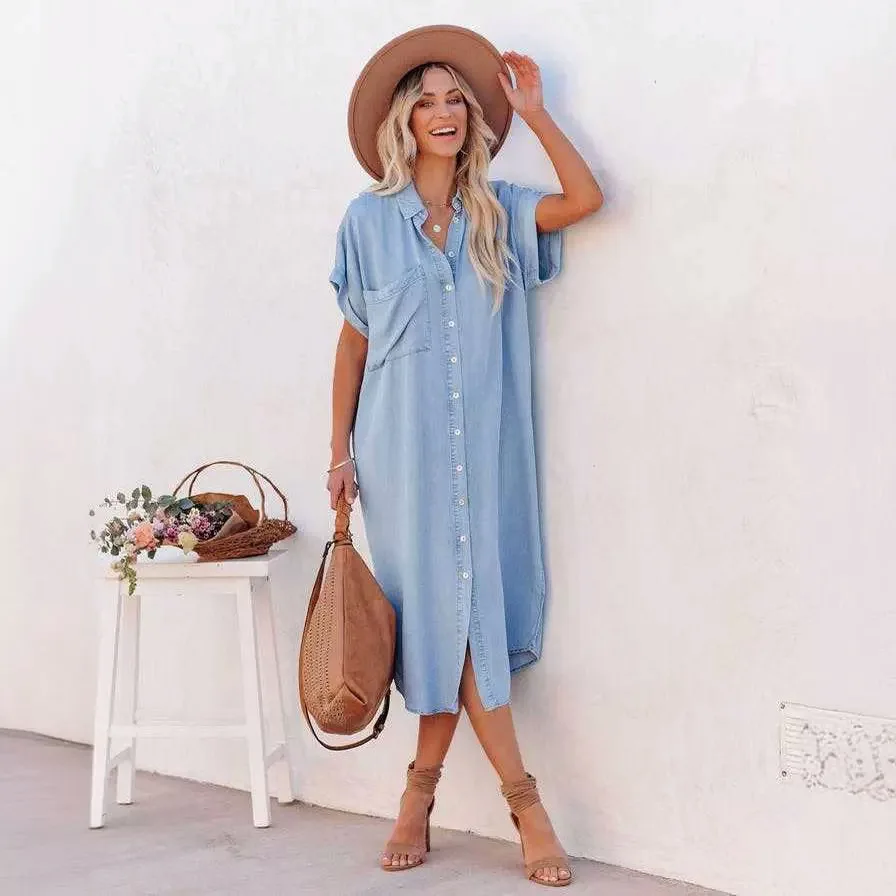 

Summer Women's Dress Denim Short-sleeved Loose Button Cardigan Pocket Fashion Blue High Street Midi Skirt