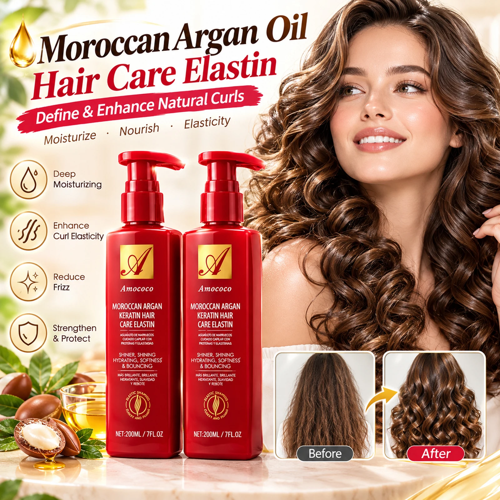 2Pcs Moroccan Curly Hair Elastin Styling Cream 200ml Ea. Long Lasting Moisturizing Hair Plump Curly Nature Voluminous Styling Hair Cream for Daily Use Travel Salon Frizz Control for Curly Wavy Hair