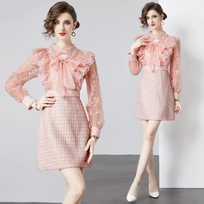 

2025 New Elegant Temperament Light Luxury Boutique Mesh Embroidery Splicing Tweed Small Fragrant Bow Dress y2k