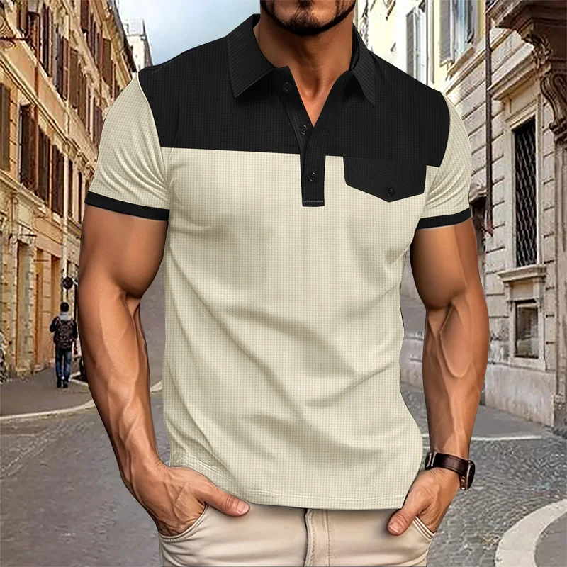 

Summer New Men's Polo Shirt Fashion Splicing Short Sleeve T-shirt Flip Collar Button Polo Shirt Street Running Waffle Top
