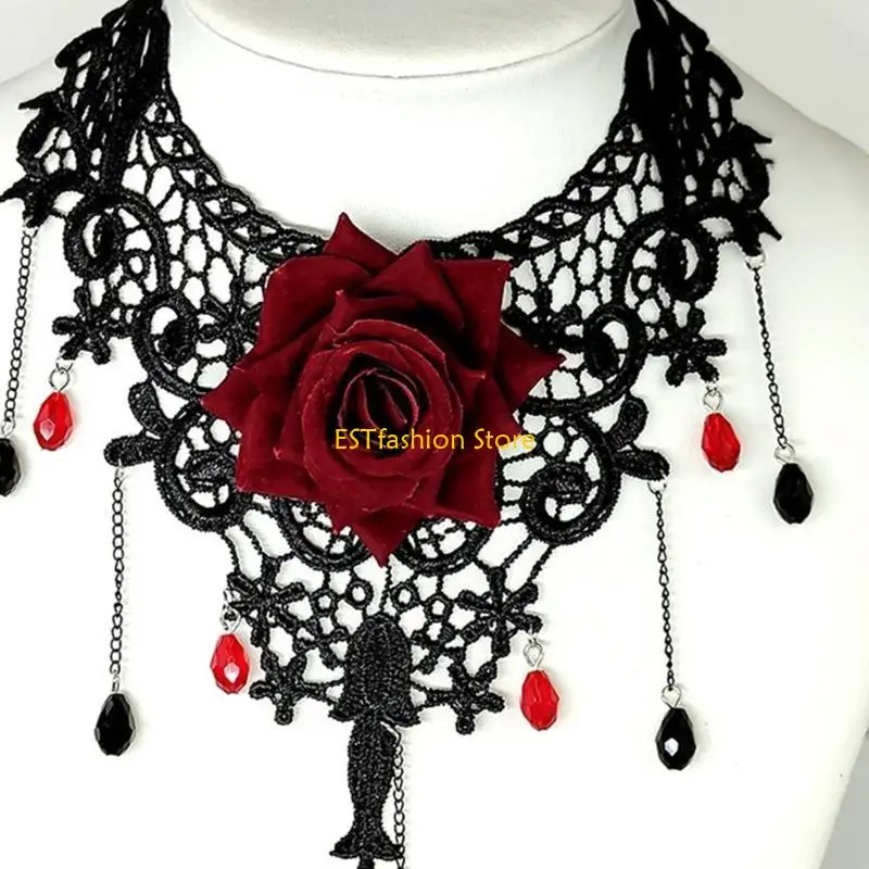 Y5GC Gothic Lace Choker Necklace Victorian Choker Necklace with Pendant Halloween Costumes Jewelry Accessories
