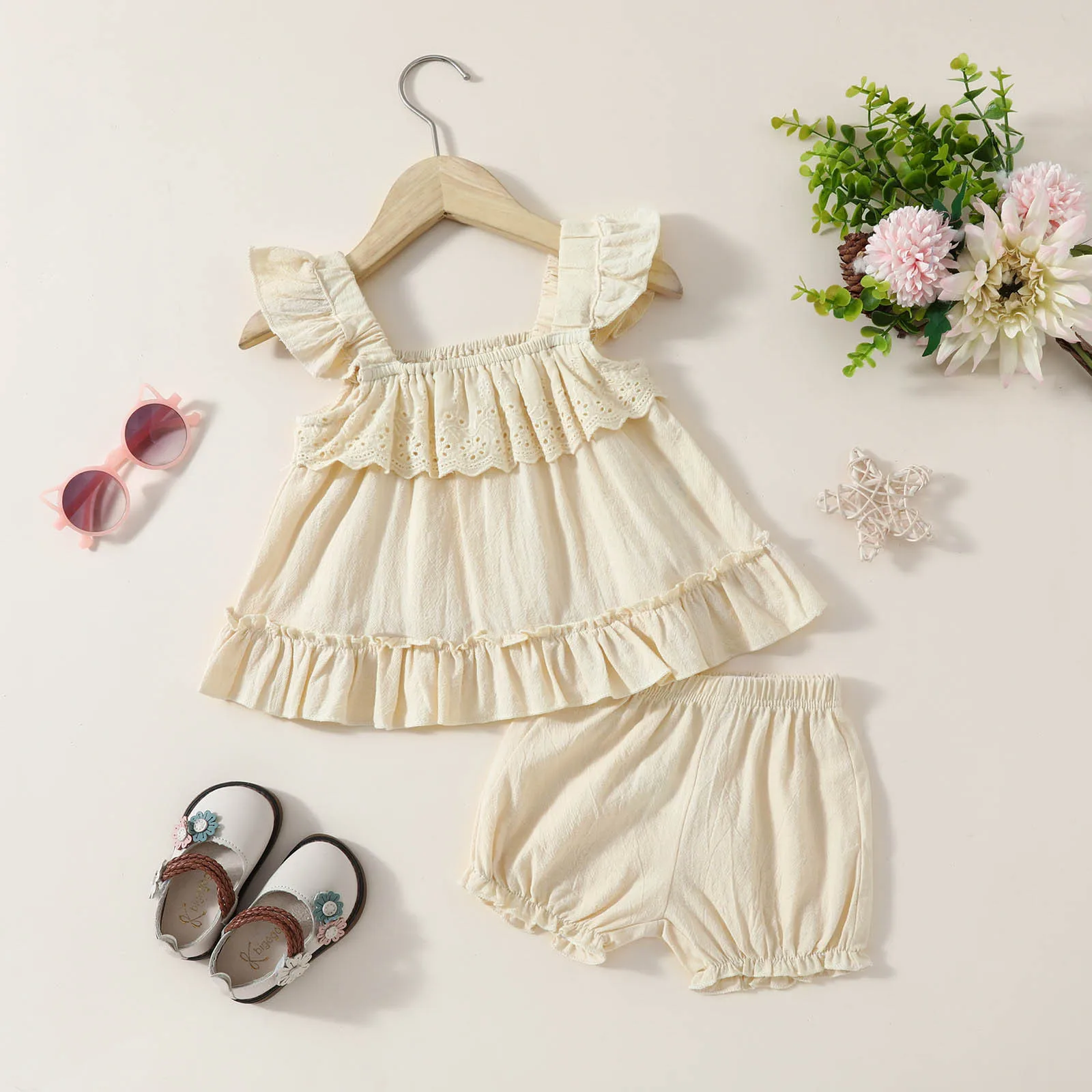 1 2 3 Years Infant Toddler Baby Girls Sleeveless Strap Ruffled Tanks Tops+Shorts Solid Color Two Pieces Summer Clothes Sets