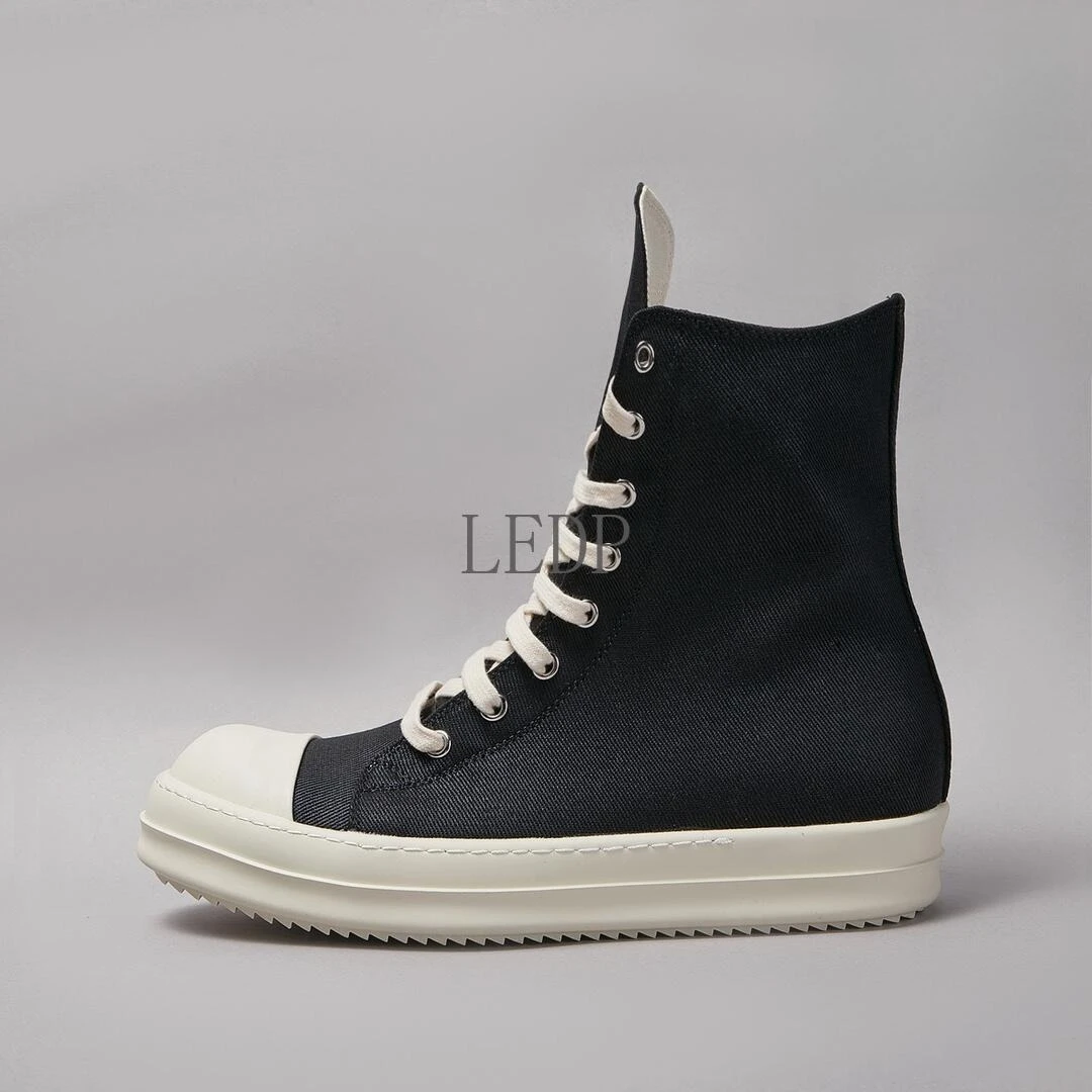 

Brand Luxury Casual Men Shoe O-wen Women Shoes Classic Black Wax Cloth High Top White Sole Zipper Flat Sneakers O-wen Ankle Boot