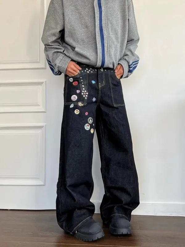 

Retro American Streetwear Printed Loose Jeans Men's Women's Belt Bae Wide Leg Casual Pants Straight Cut Youth Faion