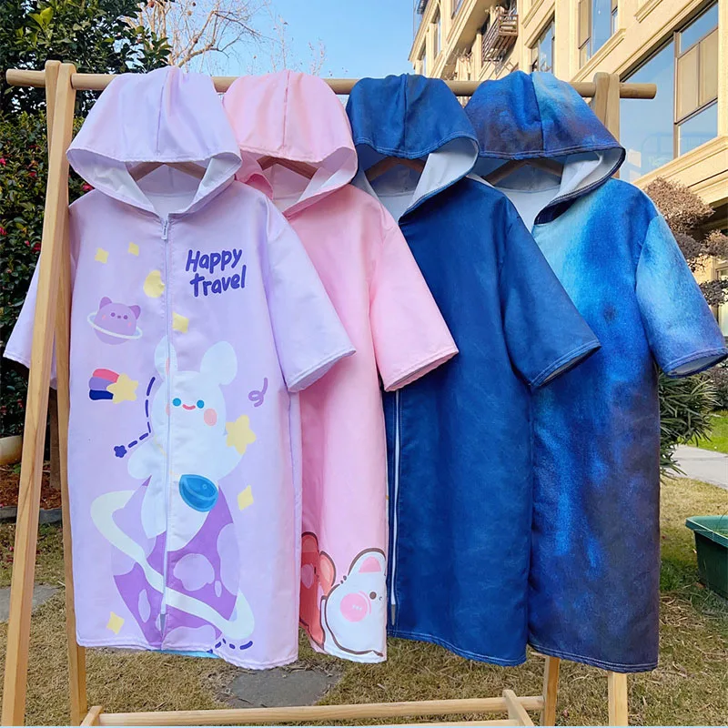 Children's Hooded Short Sleeve Bathrobe, Print Zipper, Quick-Drying, Absorbent Bath Towels, Soft Comfortable Beach Clothes