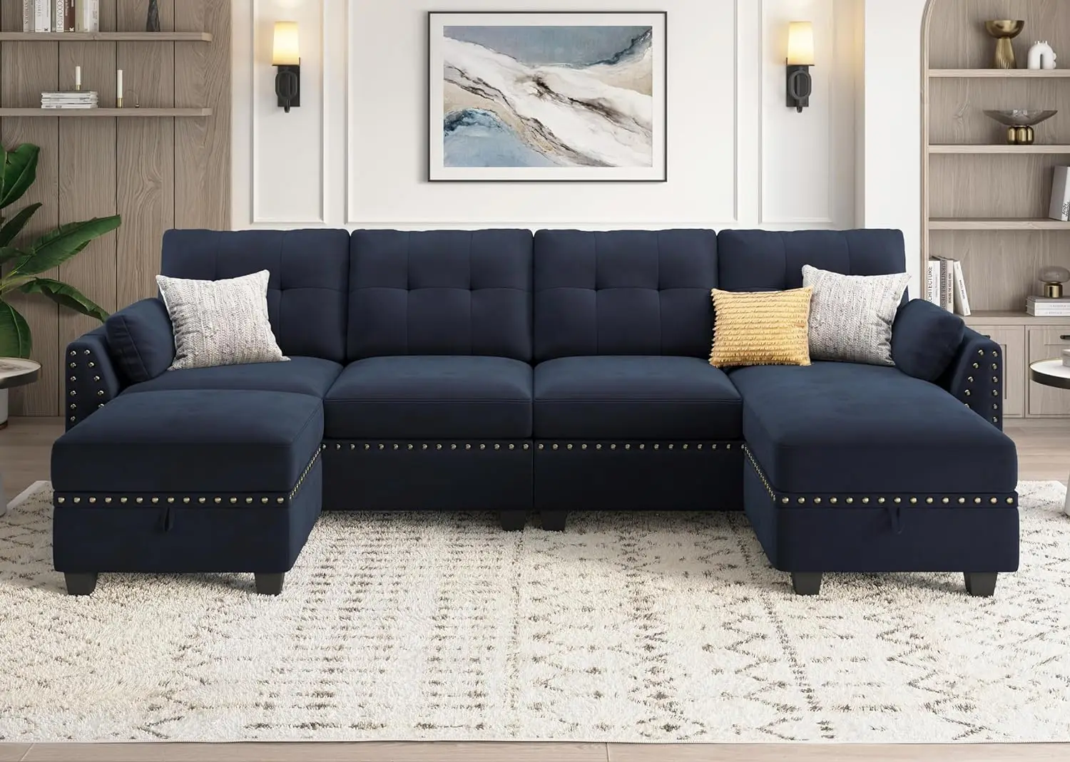 Velvet Convertible Sectional Sofa Set U Shaped Couch with Storage Ottoman Reversible Sofa Sectional for Living Room