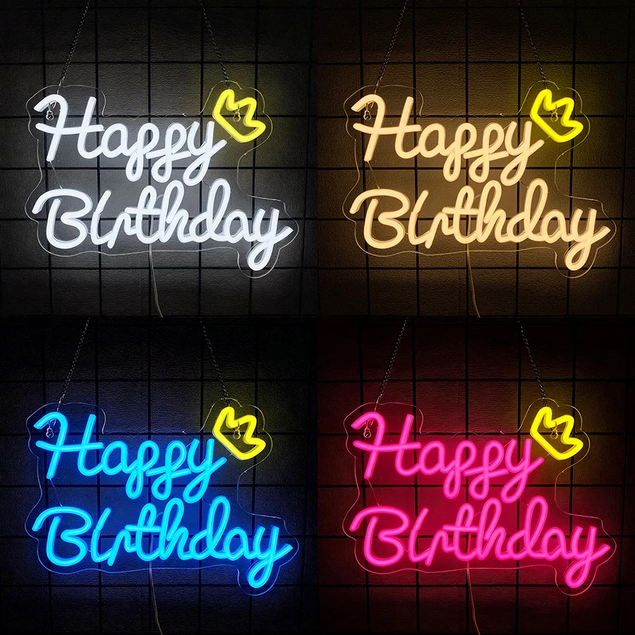 Happy Birthday Led Neon Sign, Crown Art Icon Usb Powered Light, Very Suitable For Birthday Party Background Decor Of All Ages.