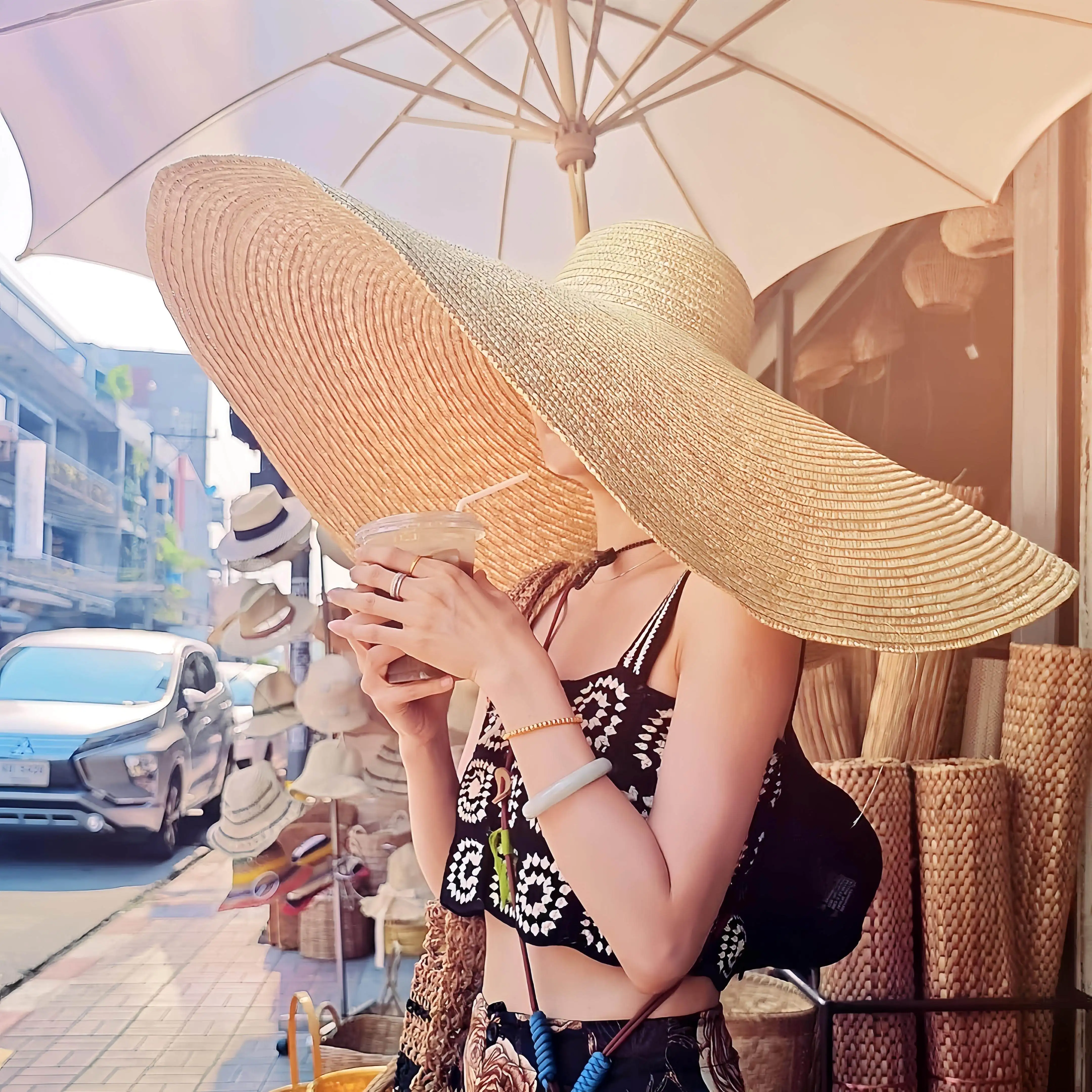 70cm Extra Large Wide Brim Straw Sun Hat Uv Protection Foldable Windproof For Summer Outdoor Travel Beach Vacation Photo Shoot