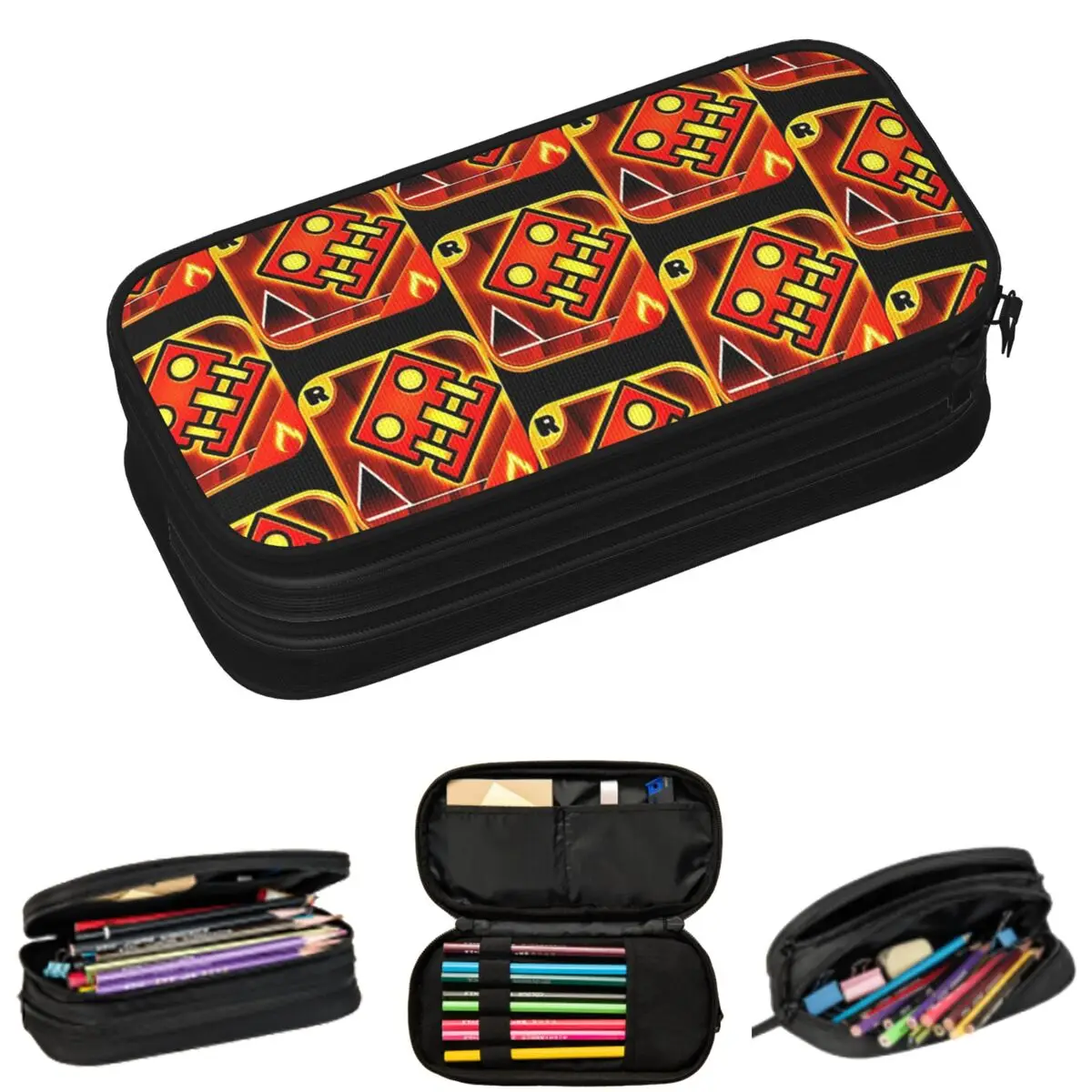 Video Game Geometry Dash Pencil Cases for Student School Pen Box Pencil Bag Large Storage Pencil Pouch