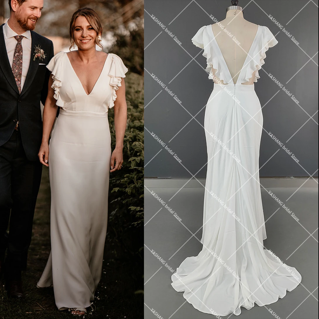 Robe de Mariée à Manches Courtes Évasées, Col en V, sur Mesure, Gaine Simple, Crêpe Doux, Dos aux, Colonne Ajustée, pour Patients