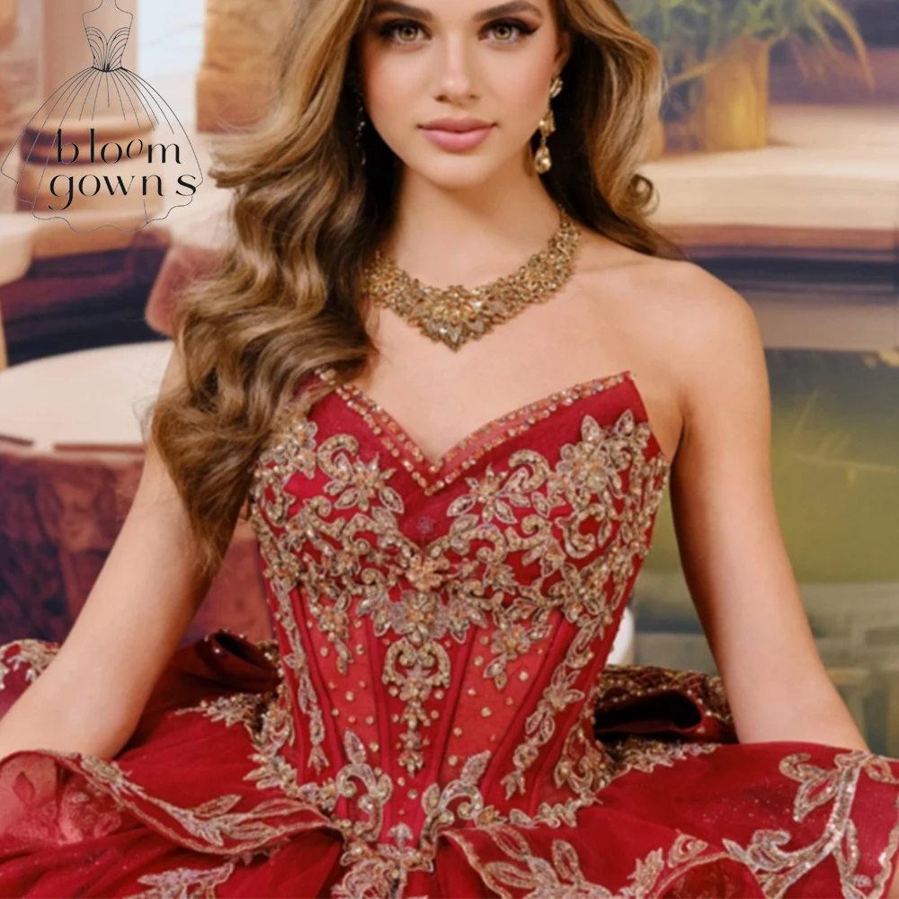 Personalizado mexicano vermelho quinceanera vestido de baile ouro renda apliques miçangas em camadas doce 16 vestido de 15 anos
