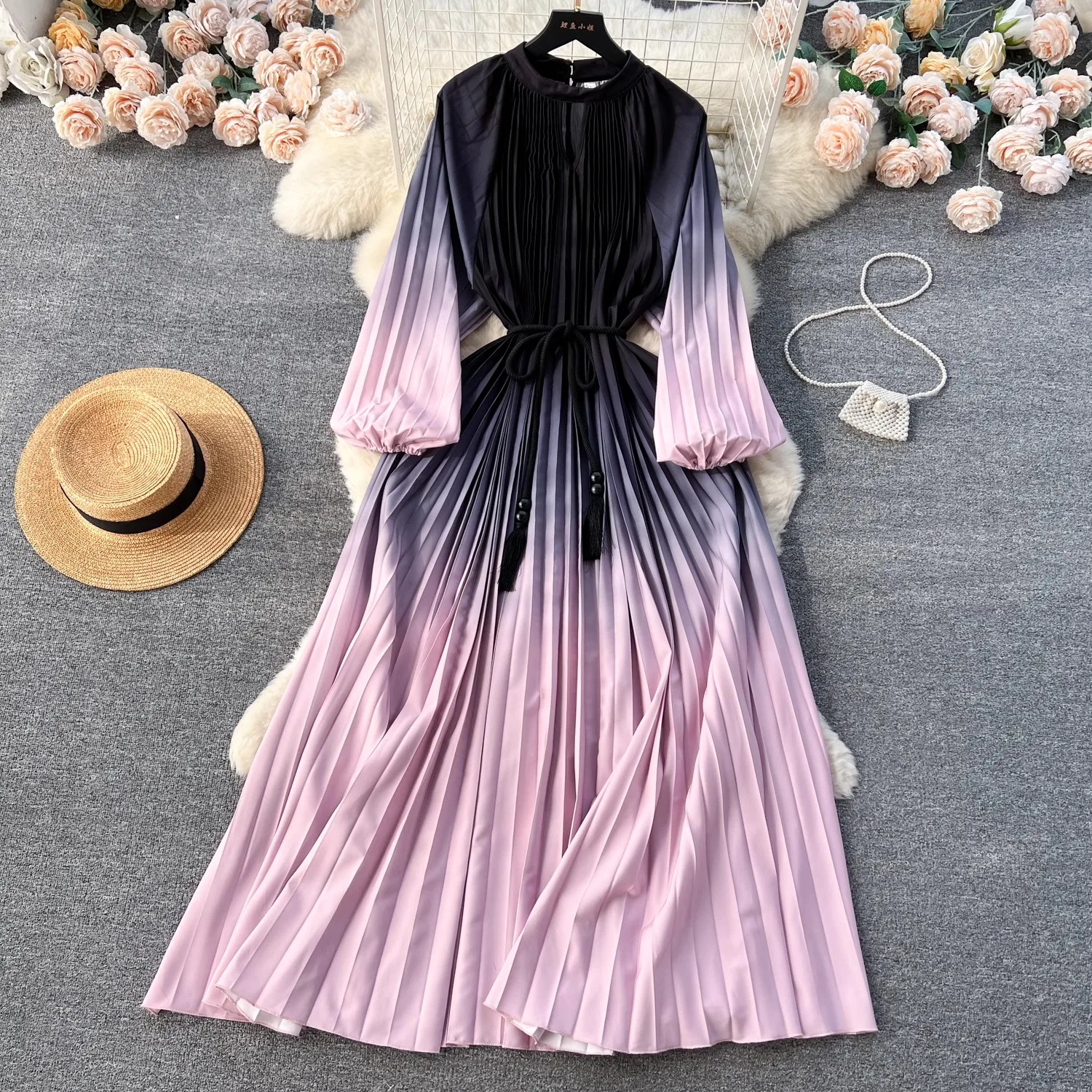 

2024 New Elegant Spring Print Pleated Long Dress Miyake Women O Neck Lantern Sleeve Gradient Pink Tassel Belt Loose Robe Vestido