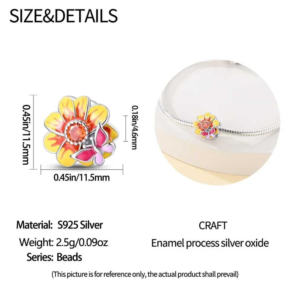 سحر الأصلي 925 فضة عباد الشمس الأحمر فراشة الخرز صالح سوار المرأة صنع المجوهرات Diy بها بنفسك هدية #5