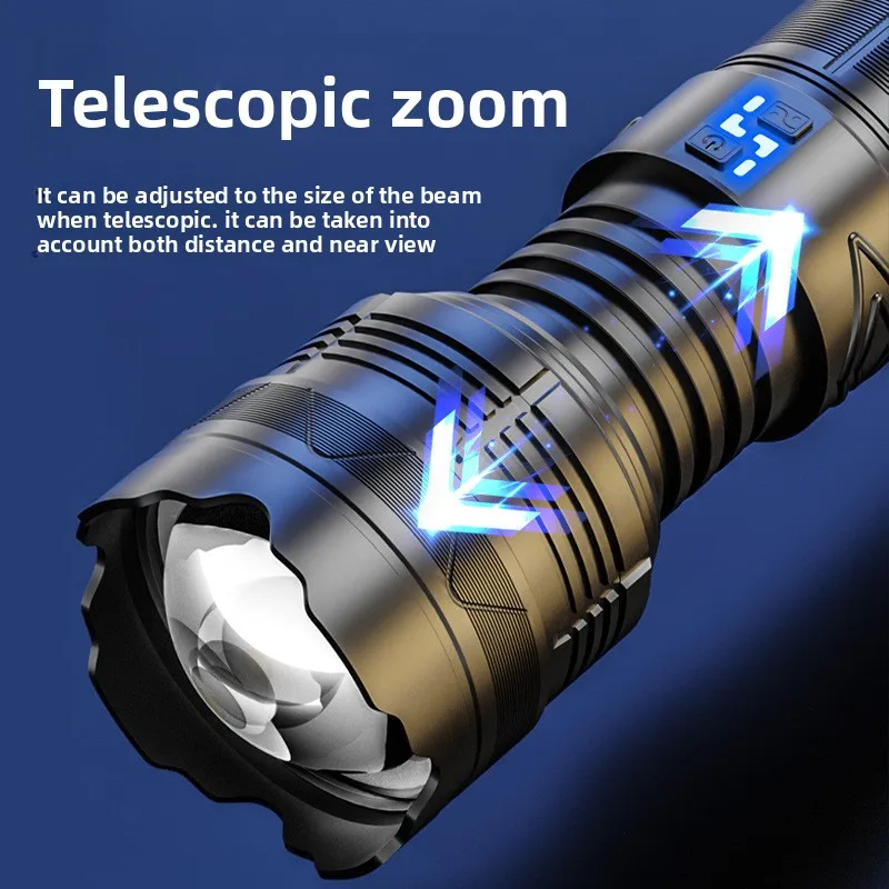 99000000LM Super Bright LED Flashlight 100W GT60 Long Range Powerful Torch Type-c Rechargeable Outdoor Flashlight Power Display