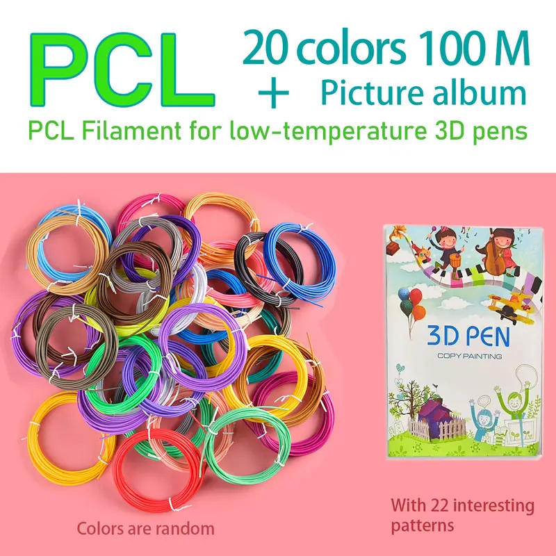 

PCL Filament for 3D Print Pen 3 d 1.75mm Multicolor Set with Creative Drawing Album Universal 60-100℃ 3d Pens Brush Line Materia
