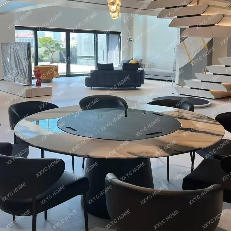 XX Natural panda white luxury stone round dining table light luxury solid wood high-end marble dining table with turntable