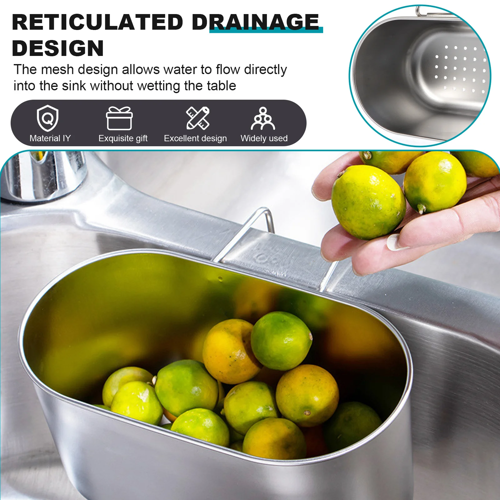 

Stainless Steel Sink Basket Kitchen Draining Rack for Sponge and Dishcloth Storage Nail-Free Drain Organizer Mesh Design