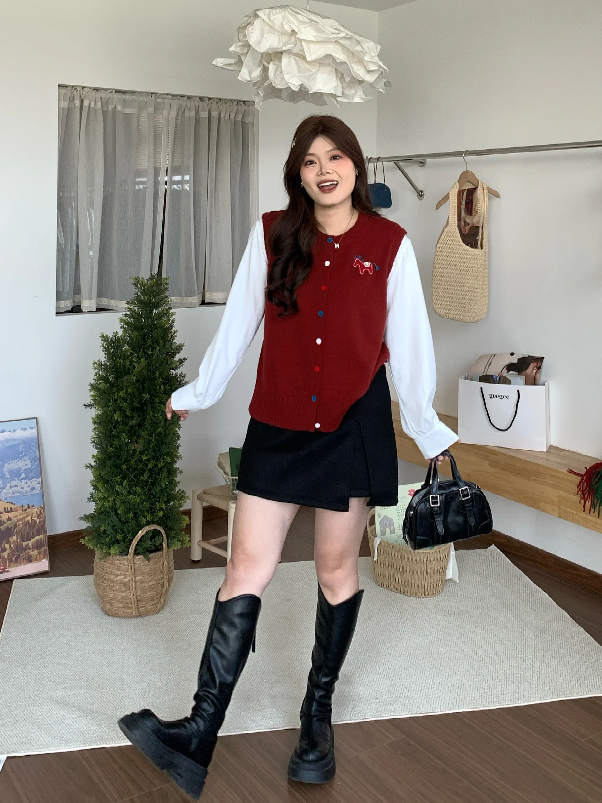 

Красный вязаный кардиган с вышивкой, больших размеров, зимний, в корейском стиле, теплый, мягкий, из смесового полиэстера, повседневный, модный, для женщин