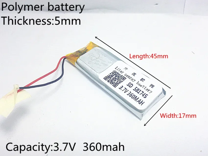 3.7V 360mAh 501745 Lithium Polymer Li-Po li ion Rechargeable Battery cells For Mp3 MP4 MP5 GPS  mobile bluetooth