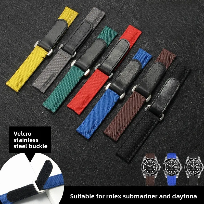 Nylon fabric with top-layer cowhide reverse buckle Velcro strap applicablerlx DaytonaWatch strap accessories submariner 20mm