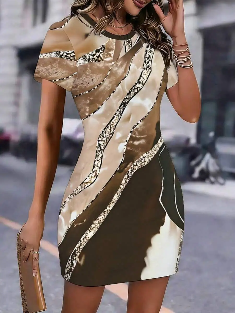 

Women Stylish Printed Short Sleeve Bodycon Dress With Crew Neck