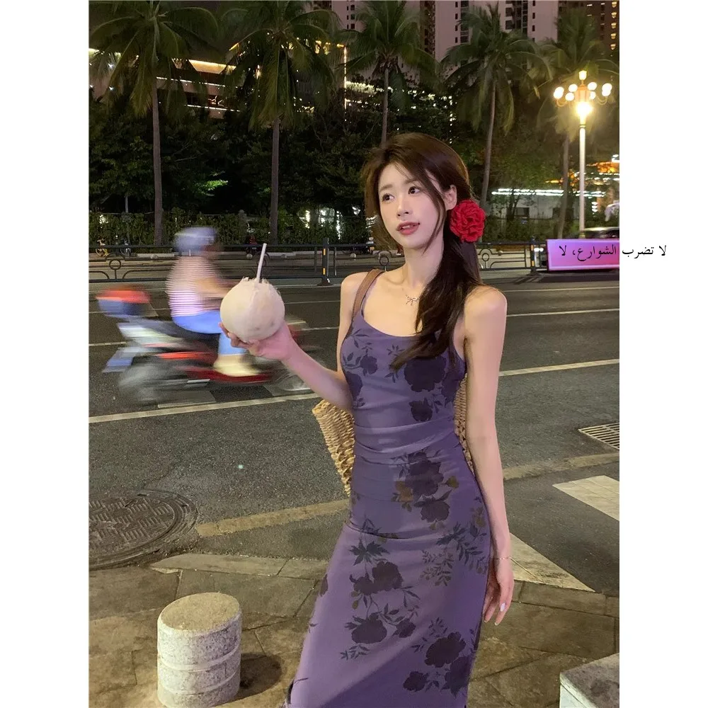 New Chinese Style Purple Floral Print Wrap Dress Slimming Long Skirt for Women Summer Season Sleeveless Gown Elegant Split