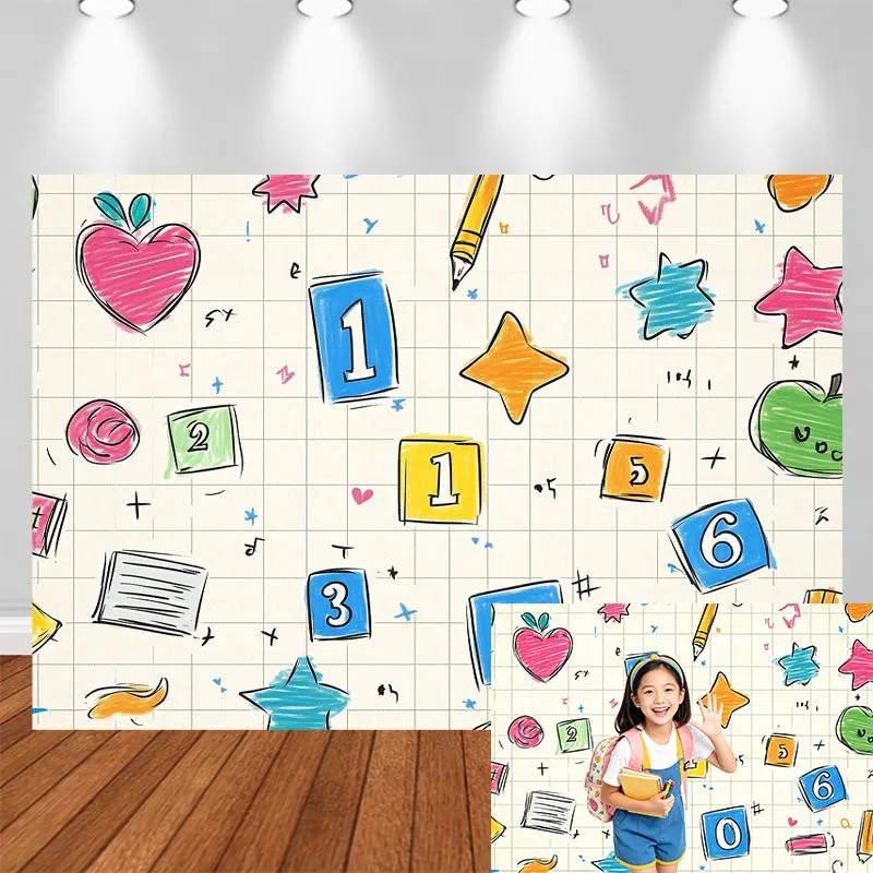 

LS School Themed Photography Background Cartoon Brushes Apple Star Number Decor Kids Portrait Photo Backdrop Studio