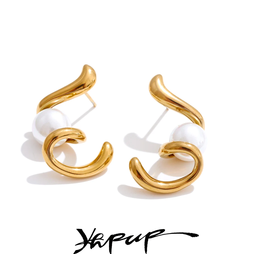 Yhpup Stylish Unique Design Simulated Pearls Irregular Geometric Stud Earrings Arrivals Stainless Steel Creative Jewelry Gift