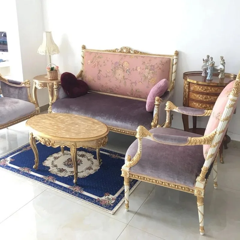 European French luxury sofa, beech wood heavy industry carved fabric sofa, pink purple contrasting small apartment furniture