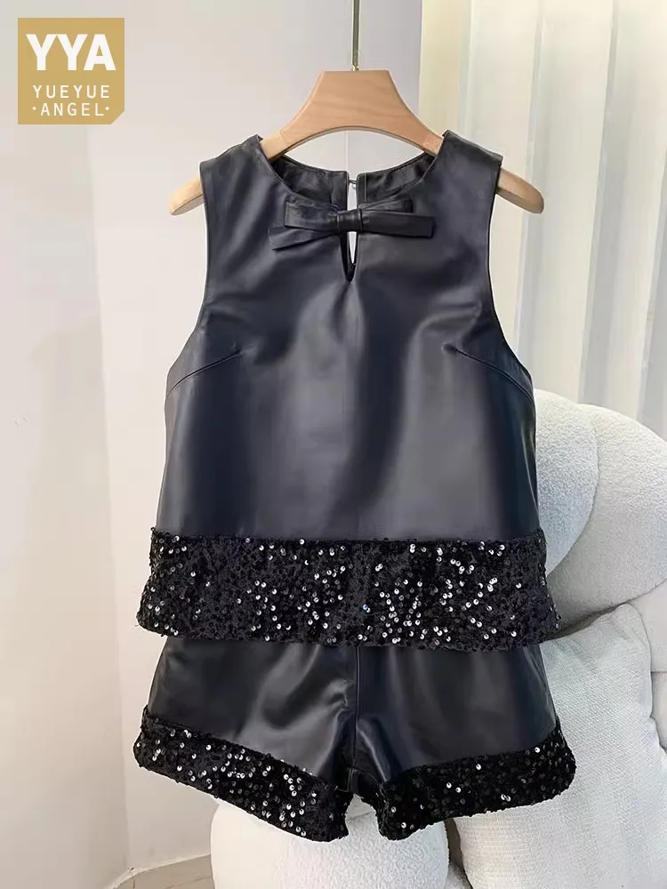Spring Women Two Piece Set Genuine Leather Casual Fashion Patchwork Sequin Pullover Waistcoat Elastic Waist Shorts Matching Sets