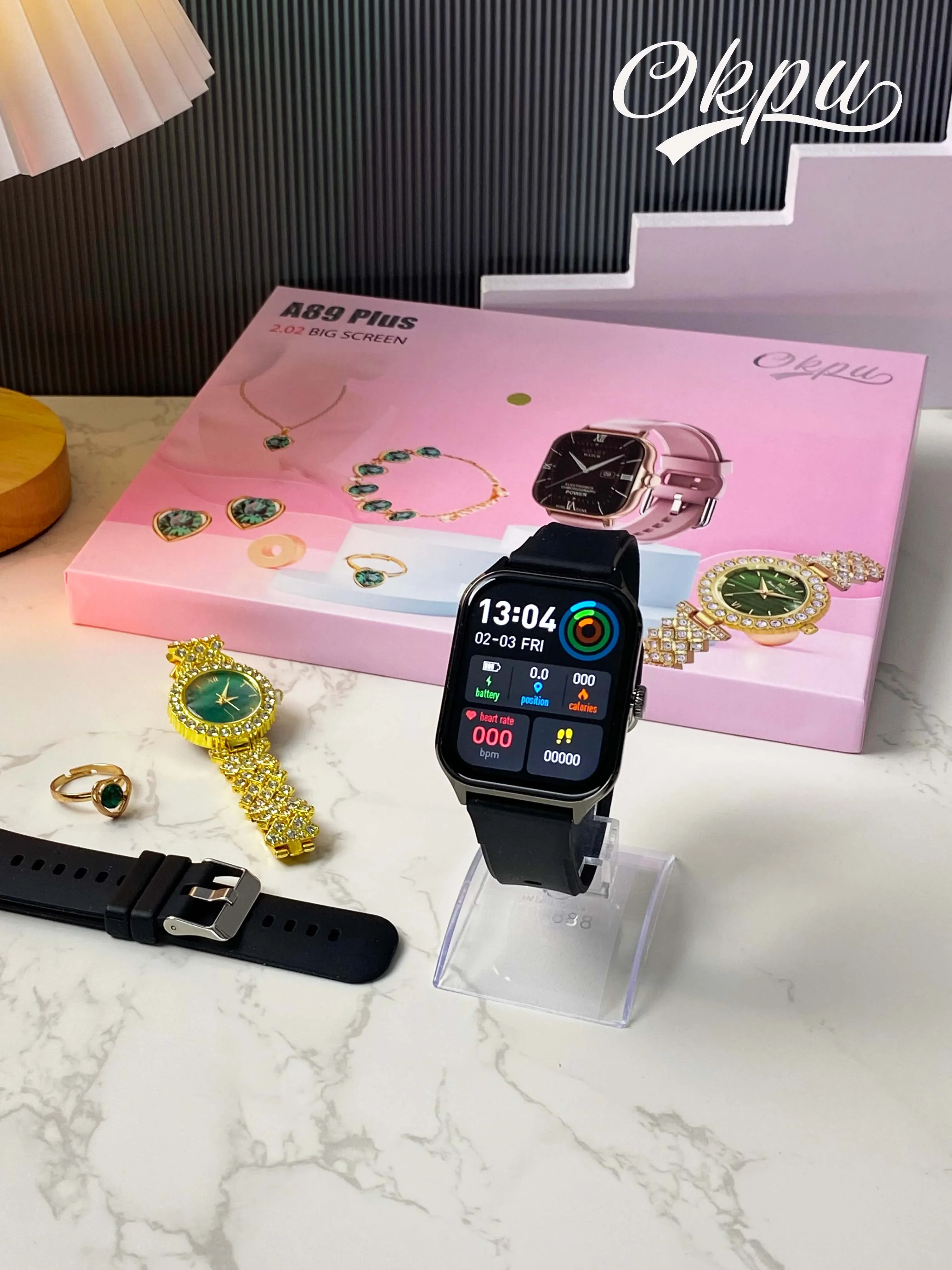 Smart watch for female Necklace Earrings Bracelet Ring A58 a68 a89 plus combo Smartwatch For ladies watches smartwatch android